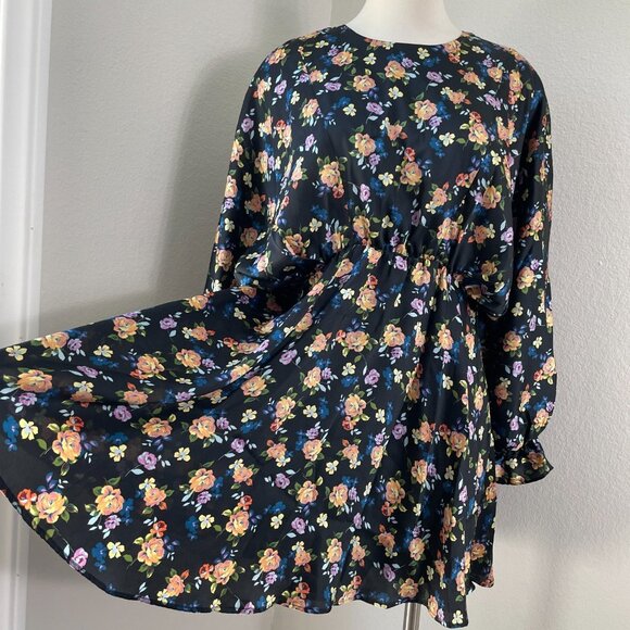 Zara Womens Small Floral Dolman Long Sleeve Crew Neck Mini Dress - Picture 3 of 13